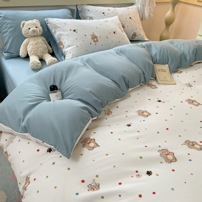 91家纺网 家纺一手货源 找家纺 玉海棠 2024新款AB版软糯针织棉印花四件套 饼干熊-