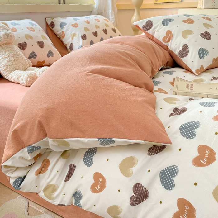 91家纺网 家纺一手货源 找家纺 玉海棠 2024新款AB版软糯针织棉印花四件套 比心-