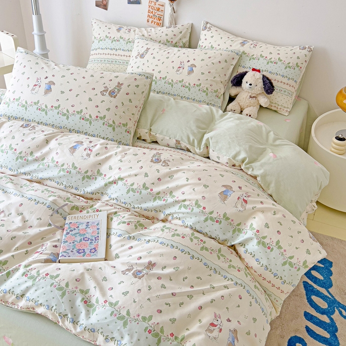 91家纺网 家纺一手货源 找家纺 西引力 2024新款全棉印花四件套 草莓小兔