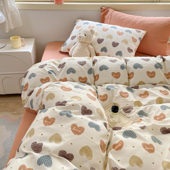 91家纺网 家纺一手货源 找家纺 玉海棠 2024新款AB版软糯针织棉印花四件套 比心-