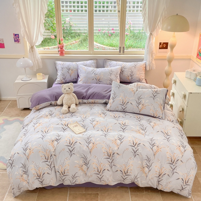 91家纺网 家纺一手货源 找家纺 玉海棠 2024新款AB版软糯针织棉印花四件套 大麦-紫-