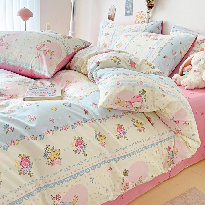 91家纺网 家纺一手货源 找家纺 西引力 2024新款全棉印花单被套 花园兔兔