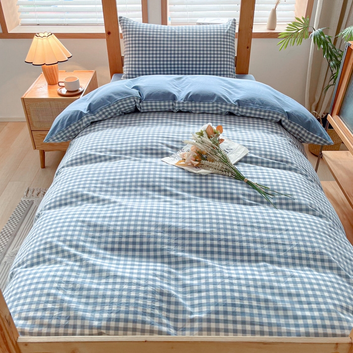 91家纺网 家纺一手货源 找家纺 吉象 2025新款水洗棉学生三件套 蓝小格