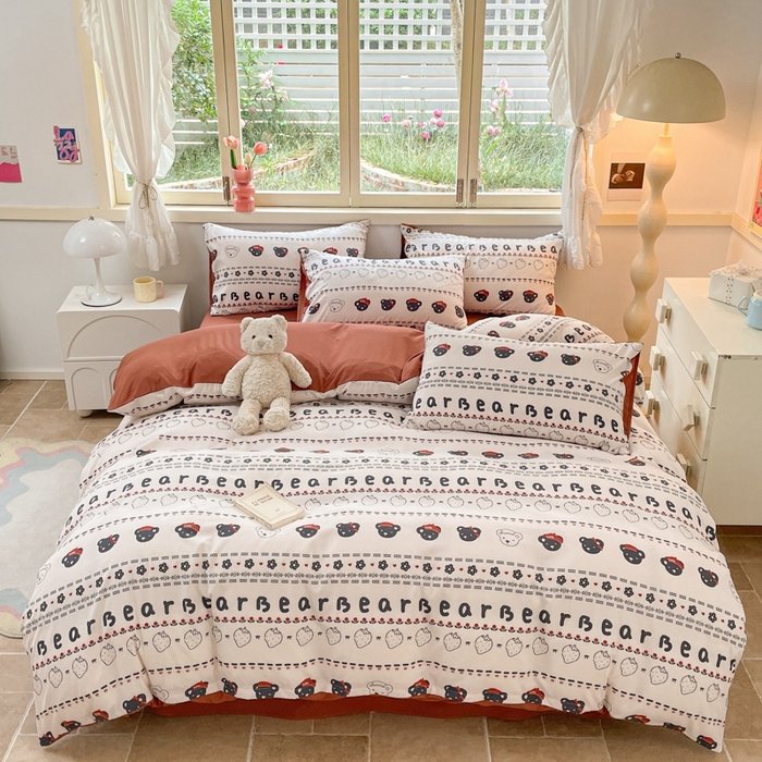 91家纺网 家纺一手货源 找家纺 玉海棠 2024新款AB版软糯针织棉印花四件套 草莓熊-