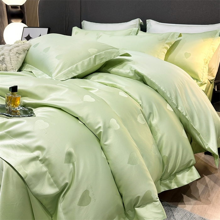 91家纺网 家纺一手货源 找家纺 2025新款双股长绒棉居家款提花系列四件套 心动-牛油果绿