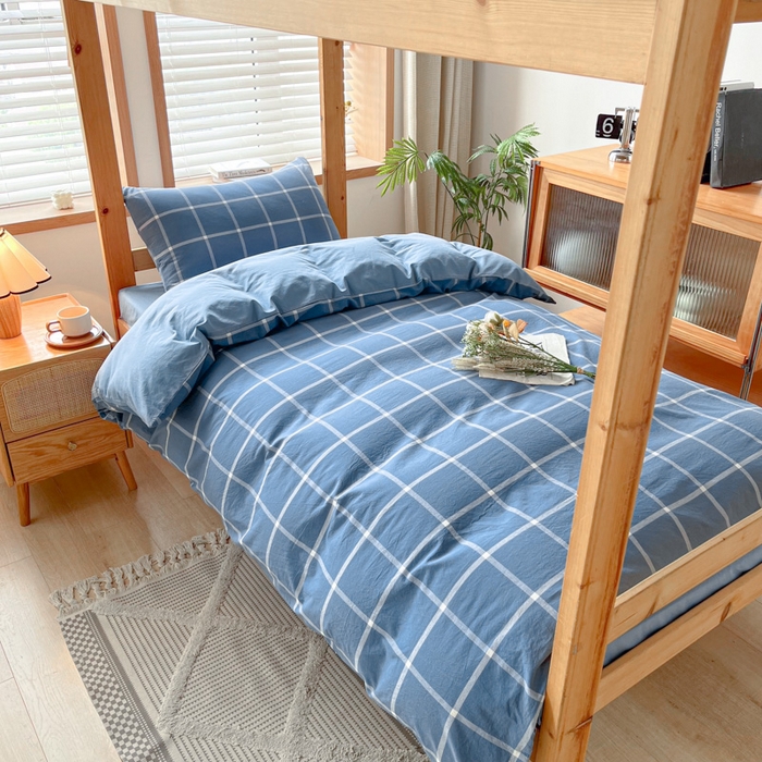 91家纺网 家纺一手货源 找家纺 吉象 2025新款水洗棉学生三件套 大蓝格