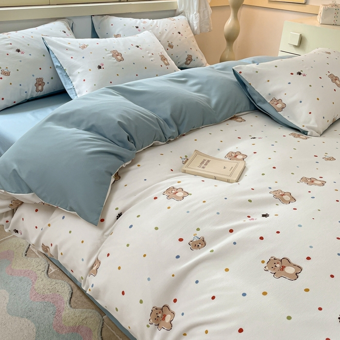 91家纺网 家纺一手货源 找家纺 玉海棠 2024新款AB版软糯针织棉印花四件套 饼干熊-