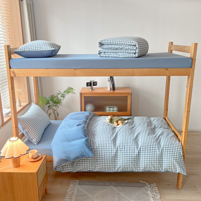 91家纺网 家纺一手货源 找家纺 吉象 2025新款水洗棉学生三件套 蓝小格