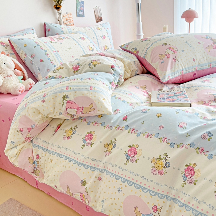 91家纺网 家纺一手货源 找家纺 西引力 2024新款全棉印花四件套 花园兔兔