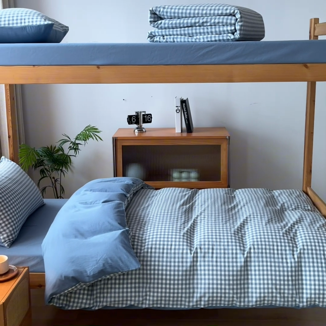 91家纺网 家纺一手货源 找家纺 吉象 2025新款水洗棉学生三件套 蓝小格