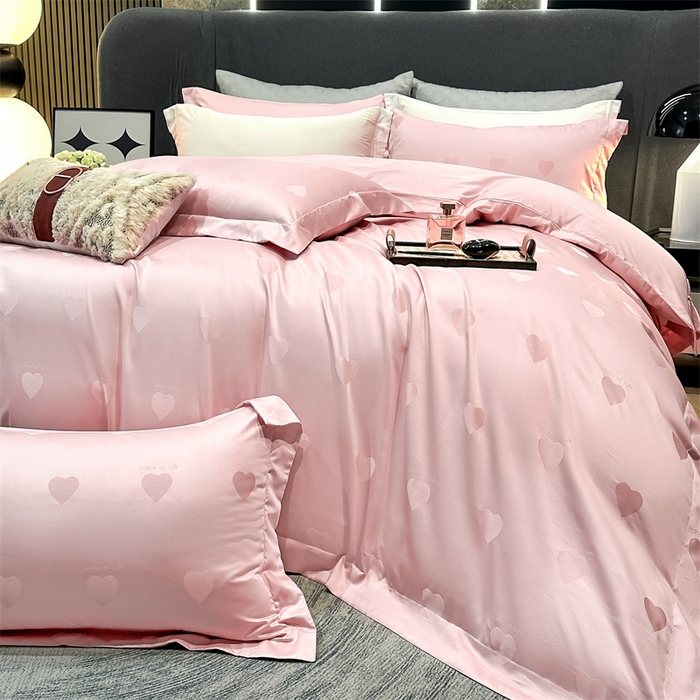 91家纺网 家纺一手货源 找家纺 2025新款双股长绒棉居家款提花系列四件套 心动-香草粉