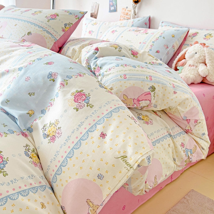 91家纺网 家纺一手货源 找家纺 西引力 2024新款全棉印花单被套 花园兔兔