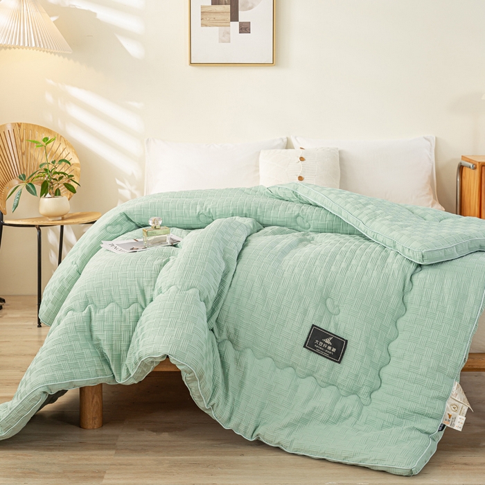 91家纺网 家纺一手货源 找家纺 居易简 2025秋冬新款直播华夫格大豆被冬被立体包边订棉工艺水洗棉大豆被 清新绿