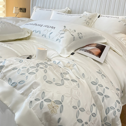  轻奢风100支兰精天丝四件套真丝纯色刺绣酒店2023直播爆款床上用品丝滑柔软床笠款 唐云-月光白