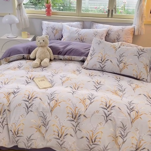 91家纺网 家纺一手货源 找家纺 玉海棠 2024新款AB版软糯针织棉印花四件套 大麦-紫-