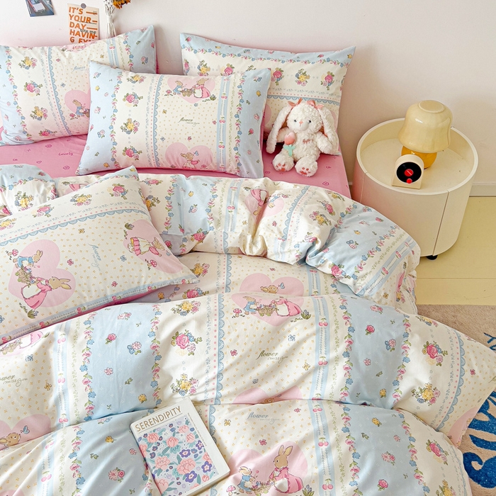 91家纺网 家纺一手货源 找家纺 西引力 2024新款全棉印花四件套 花园兔兔