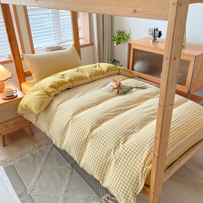 91家纺网 家纺一手货源 找家纺 吉象 2025新款水洗棉学生三件套 黄小格