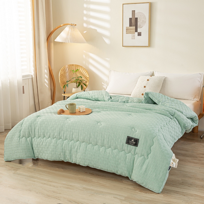 91家纺网 家纺一手货源 找家纺 居易简 2025秋冬新款直播华夫格大豆被冬被立体包边订棉工艺水洗棉大豆被 清新绿