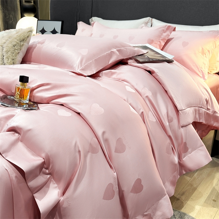 91家纺网 家纺一手货源 找家纺 2025新款双股长绒棉居家款提花系列四件套 心动-香草粉