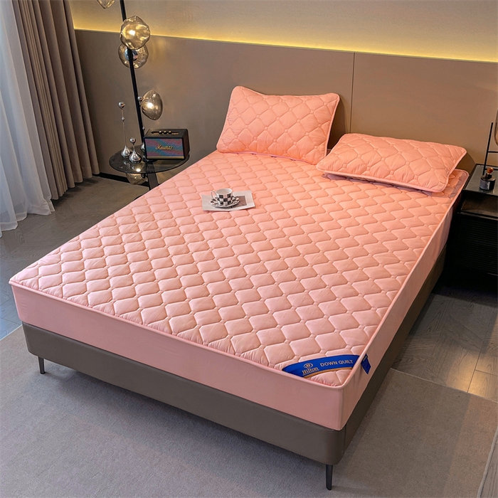 91家纺网 家纺一手货源 找家纺 满羽 2024新款防晒防水酒店抗菌夹棉床笠 香妃粉