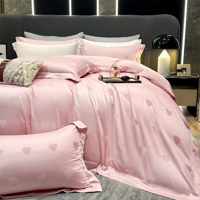 91家纺网 家纺一手货源 找家纺 2025新款双股长绒棉居家款提花系列四件套 心动-香草粉