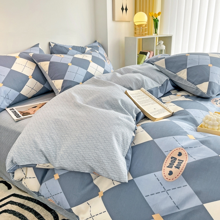 91家纺网 家纺一手货源 找家纺 西引力 2024新款全棉印花四件套 英伦蓝