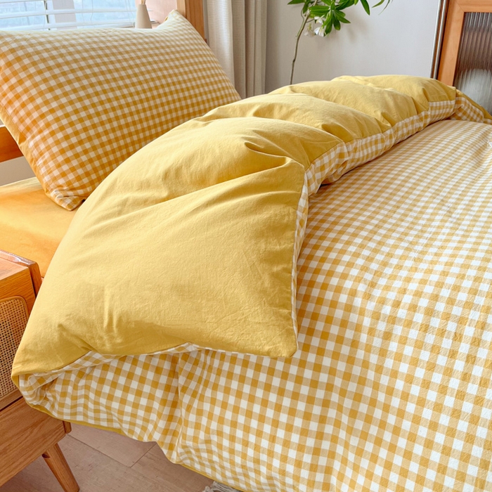 91家纺网 家纺一手货源 找家纺 吉象 2025新款水洗棉学生三件套 黄小格