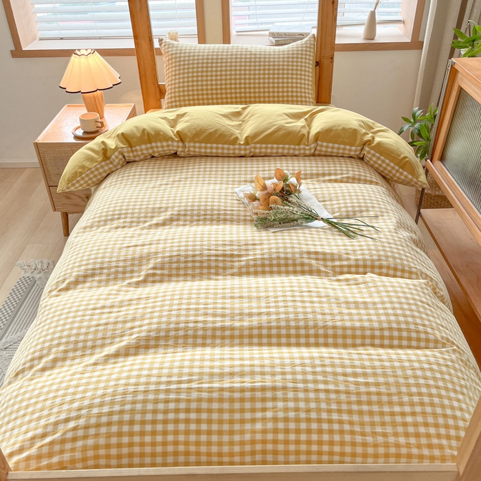 91家纺网 家纺一手货源 找家纺 吉象 2025新款水洗棉学生三件套 黄小格