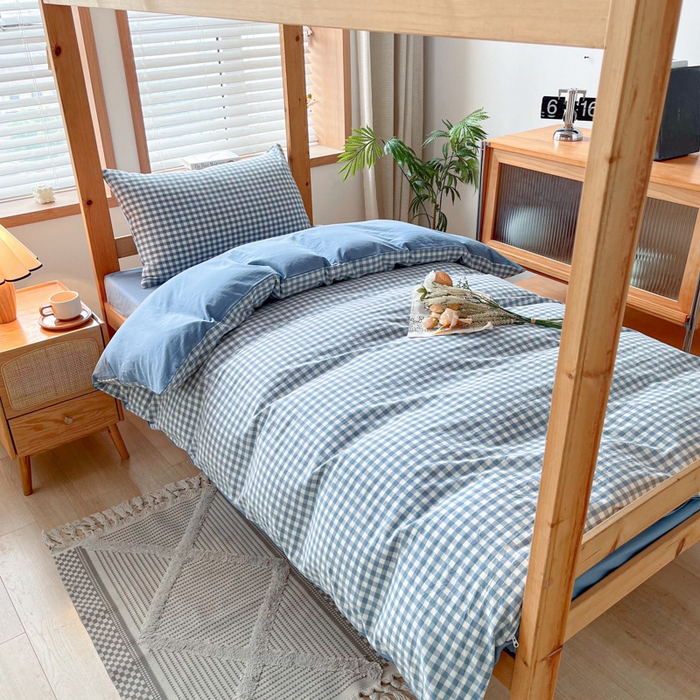 91家纺网 家纺一手货源 找家纺 吉象 2025新款水洗棉学生三件套 蓝小格