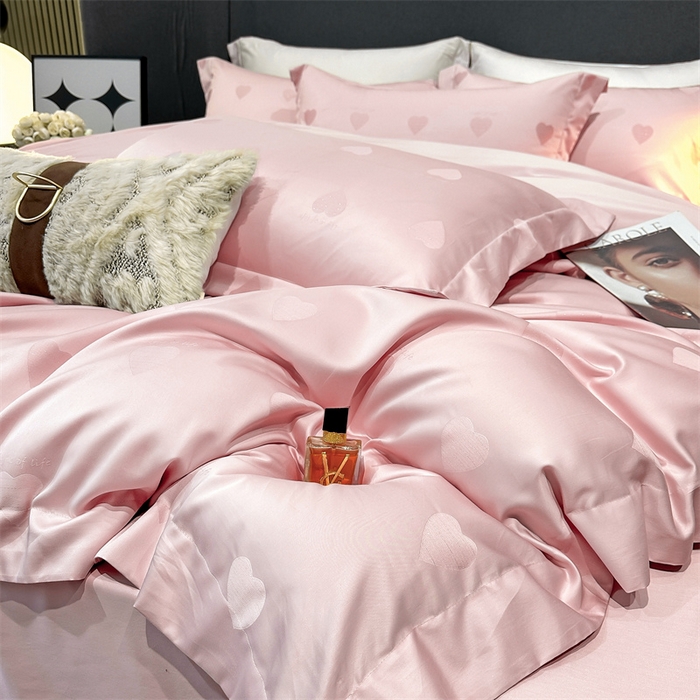 91家纺网 家纺一手货源 找家纺 2025新款双股长绒棉居家款提花系列四件套 心动-香草粉