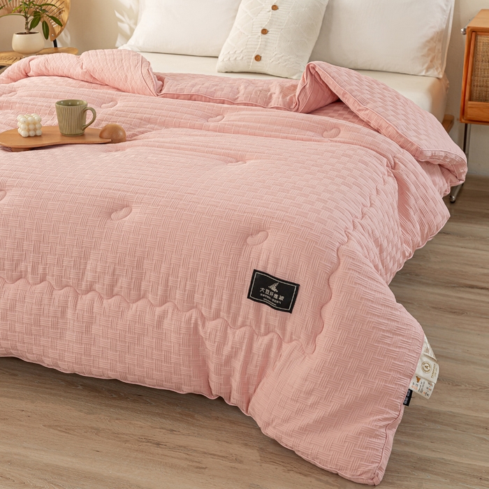 91家纺网 家纺一手货源 找家纺 居易简 2025秋冬新款直播华夫格大豆被冬被立体包边订棉工艺水洗棉大豆被 优雅粉