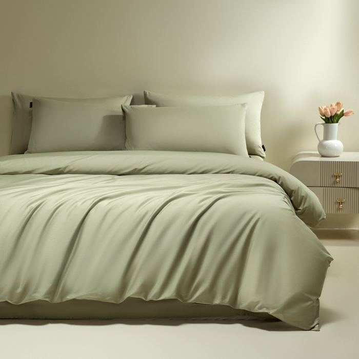 91家纺网 家纺一手货源 找家纺 安莱生活 2024新款100s全棉贡缎四件套 草绿