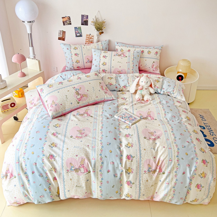 91家纺网 家纺一手货源 找家纺 西引力 2024新款全棉印花四件套 花园兔兔