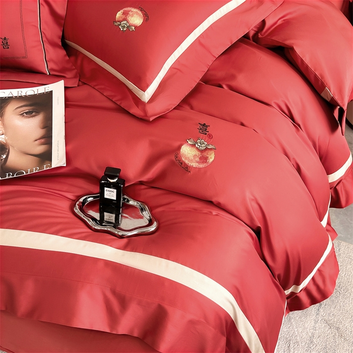 91家纺网 家纺一手货源 找家纺 美娘阁2025新款双股长绒棉居家款四件套 好柿连连-酒红