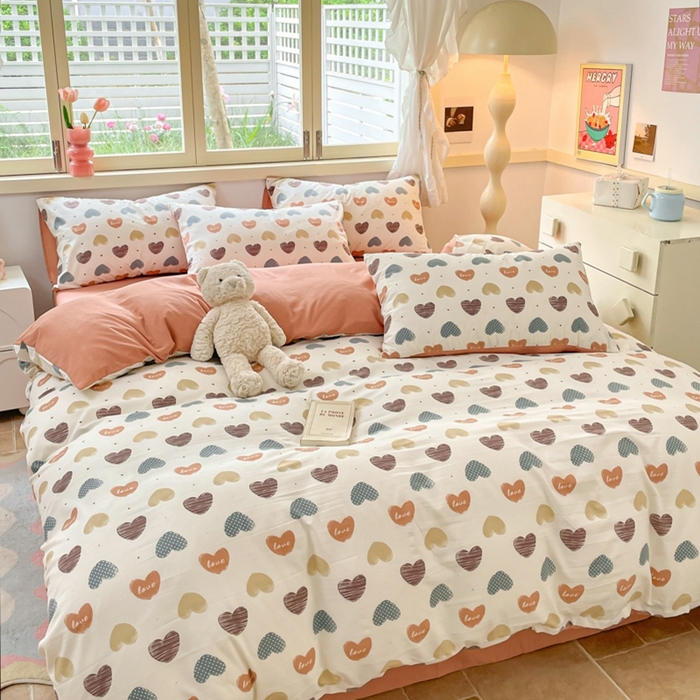 91家纺网 家纺一手货源 找家纺 玉海棠 2024新款AB版软糯针织棉印花四件套 比心-