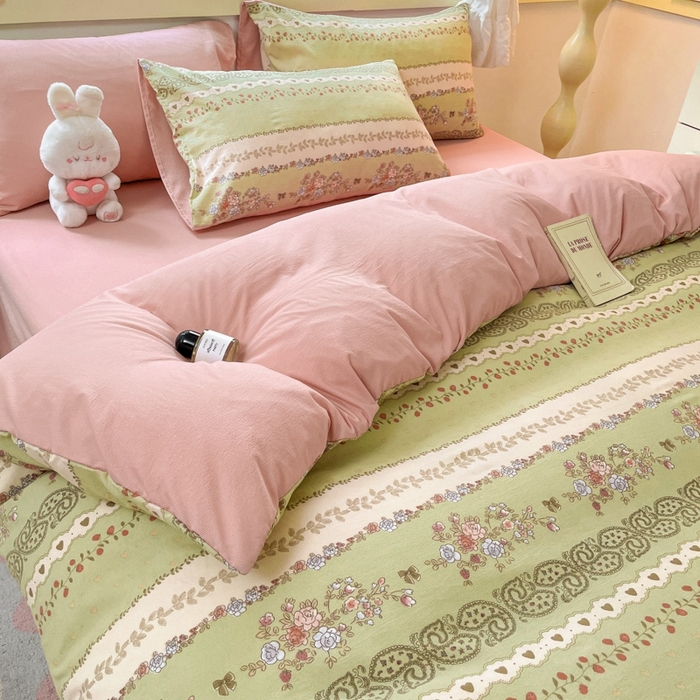 91家纺网 家纺一手货源 找家纺 玉海棠 2024新款AB版软糯针织棉印花四件套 复苏-