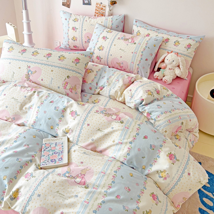 91家纺网 家纺一手货源 找家纺 西引力 2024新款全棉印花单被套 花园兔兔