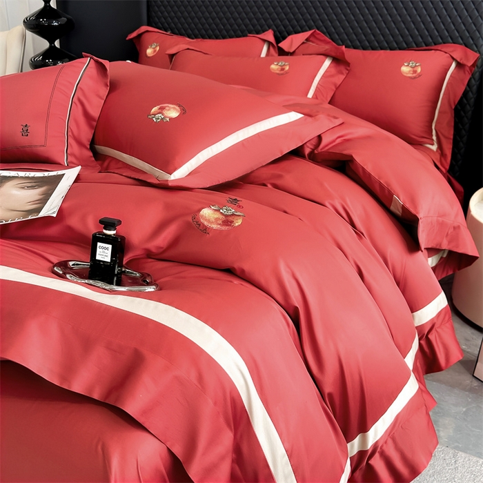 91家纺网 家纺一手货源 找家纺 美娘阁2025新款双股长绒棉居家款四件套 好柿连连-酒红