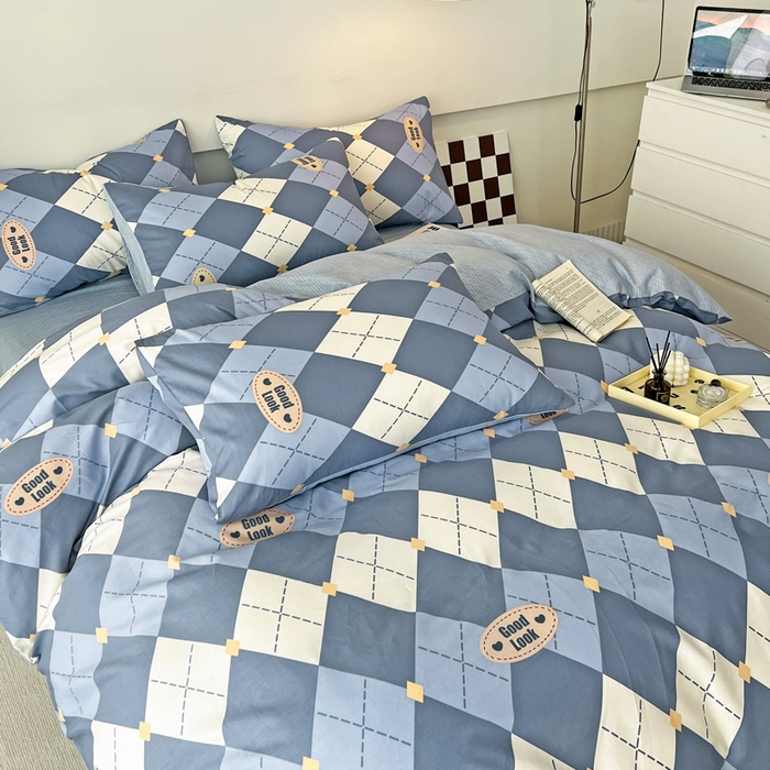 91家纺网 家纺一手货源 找家纺 西引力 2024新款全棉印花四件套 英伦蓝