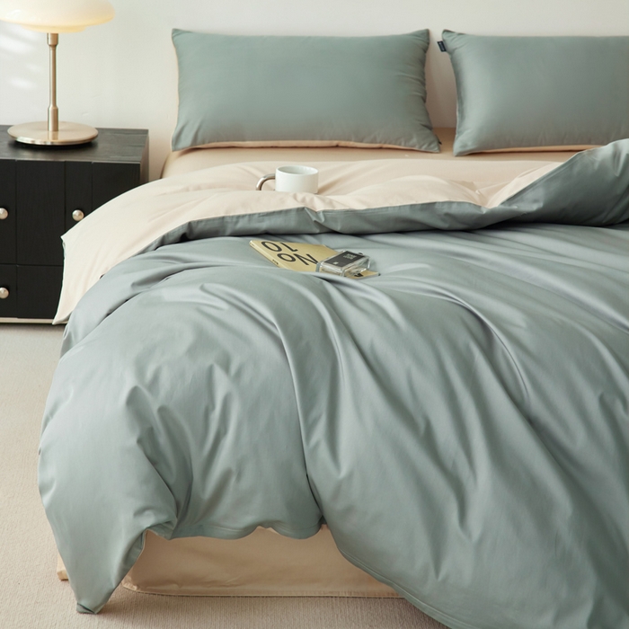 91家纺网 家纺一手货源 找家纺 安莱生活 2024新款100s全棉贡缎四件套 水绿-棕色