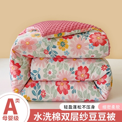 居易简 2025新款水洗棉双层纱豆豆绒被被子被芯冬被春秋被豆豆被加绒直播  青春绽放