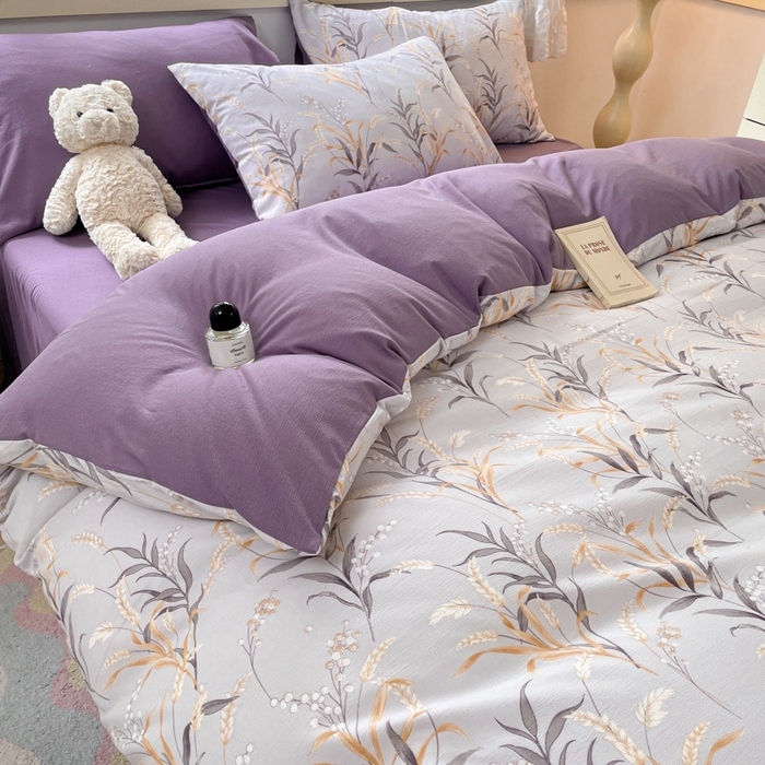 91家纺网 家纺一手货源 找家纺 玉海棠 2024新款AB版软糯针织棉印花四件套 大麦-紫-