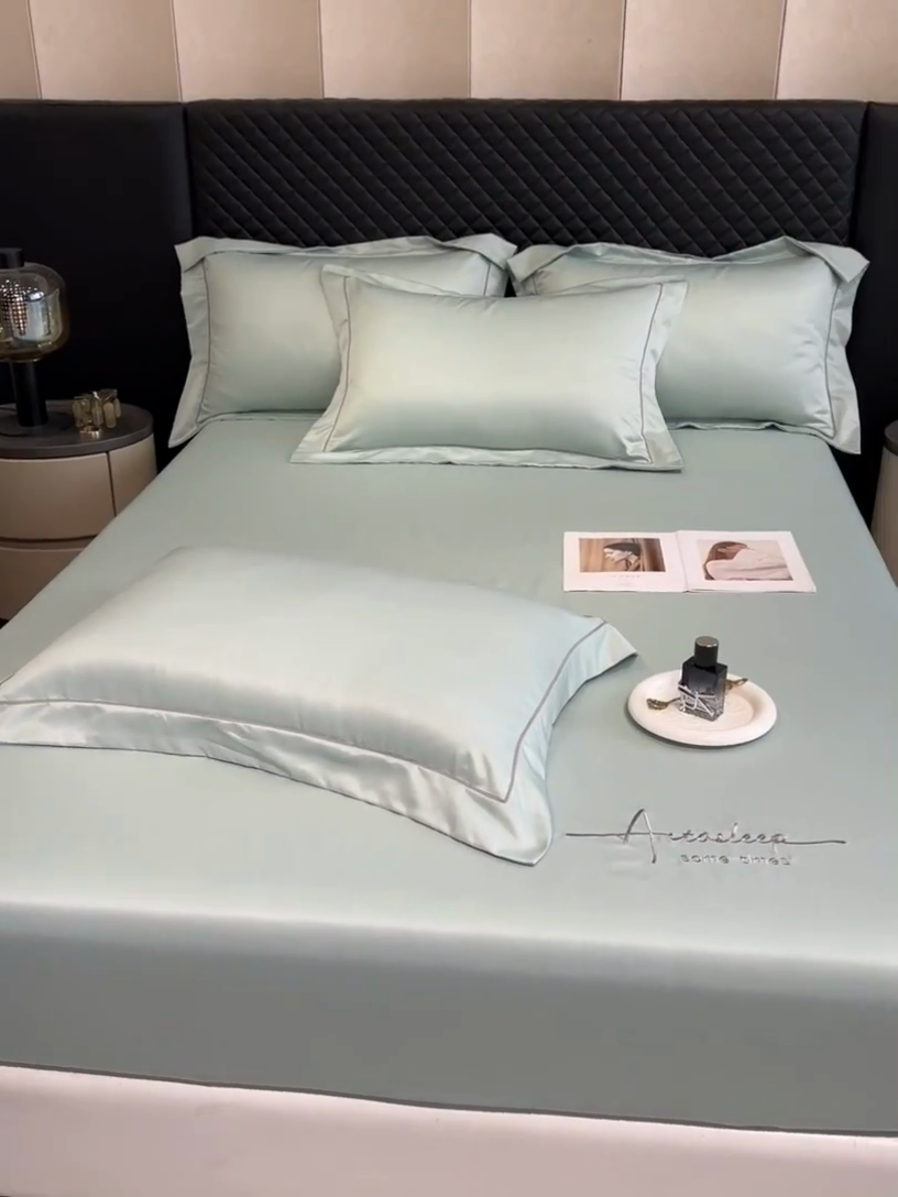 91家纺网 家纺一手货源 找家纺 露梦家纺 2025新款A类水洗原棉刺绣款床笠-星辰系列（提供买家秀） 星辰-海盐绿