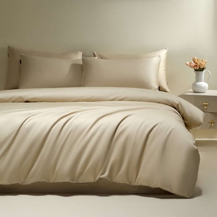 91家纺网 家纺一手货源 找家纺 安莱生活 2024新款100s全棉贡缎四件套 棕灰