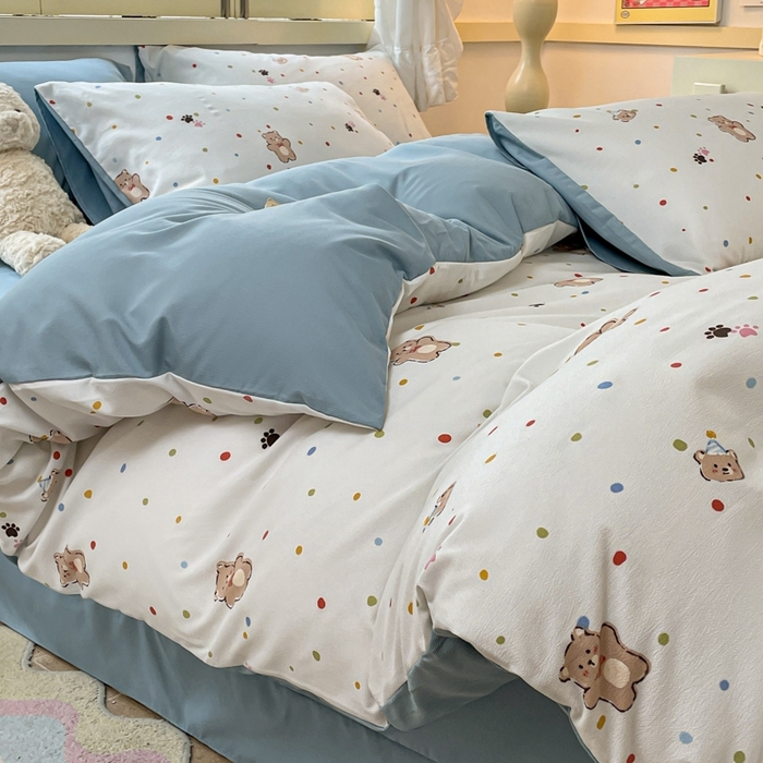 91家纺网 家纺一手货源 找家纺 玉海棠 2024新款AB版软糯针织棉印花四件套 饼干熊-