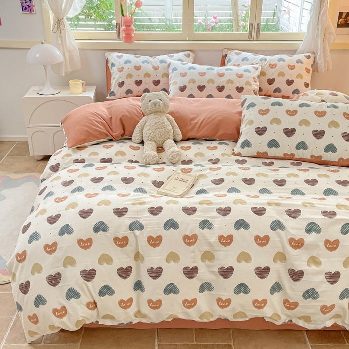 91家纺网 家纺一手货源 找家纺 玉海棠 2024新款AB版软糯针织棉印花四件套 比心-