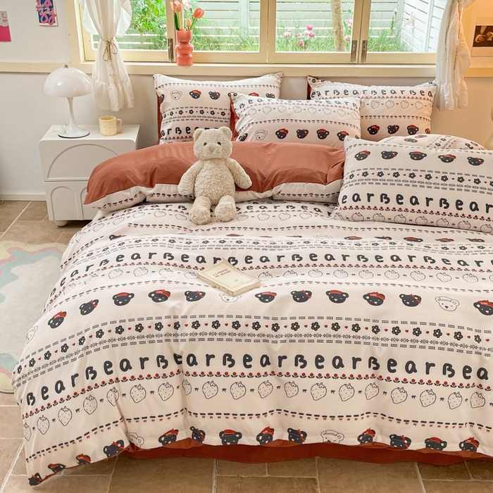 91家纺网 家纺一手货源 找家纺 玉海棠 2024新款AB版软糯针织棉印花四件套 草莓熊-