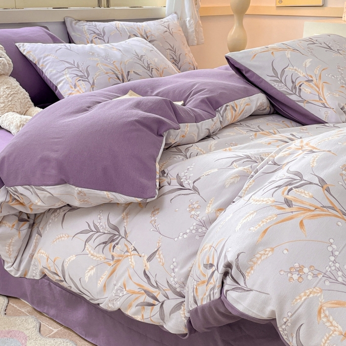 91家纺网 家纺一手货源 找家纺 玉海棠 2024新款AB版软糯针织棉印花四件套 大麦-紫-