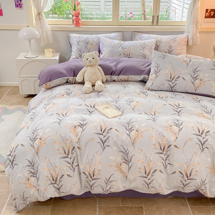 91家纺网 家纺一手货源 找家纺 玉海棠 2024新款AB版软糯针织棉印花四件套 大麦-紫-