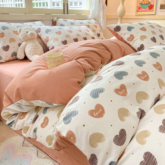 91家纺网 家纺一手货源 找家纺 玉海棠 2024新款AB版软糯针织棉印花四件套 比心-